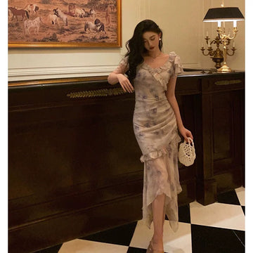 Mermaid V neckline Short Sleeves Date Night Dress Prom Dresses Floral Birthday Party Outfit SD856